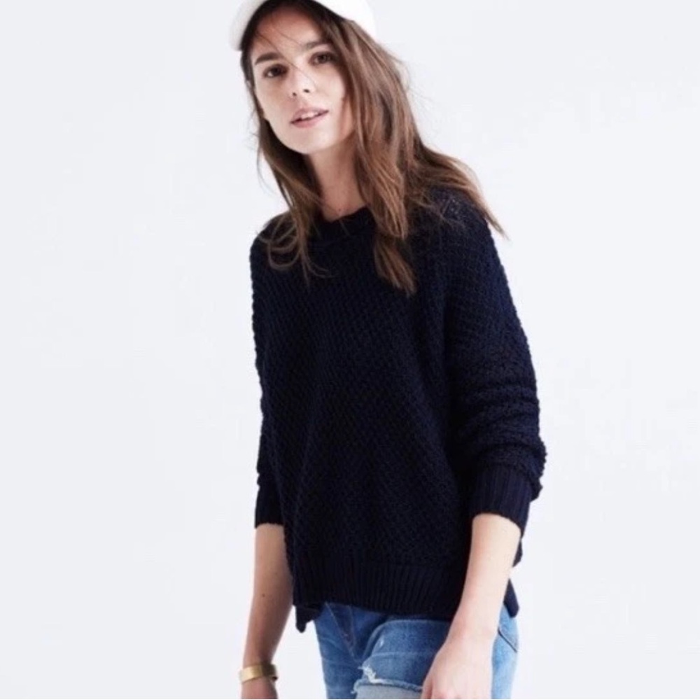 Madewell French Quarter Pullover Sweater Chunky Knit Crew Neck Navy Cotton L - Picture 1 of 7